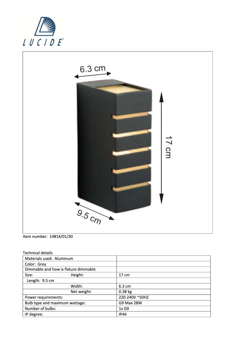 Page 1 de la notice Manuel utilisateur Lucide Aster 14814/01/30