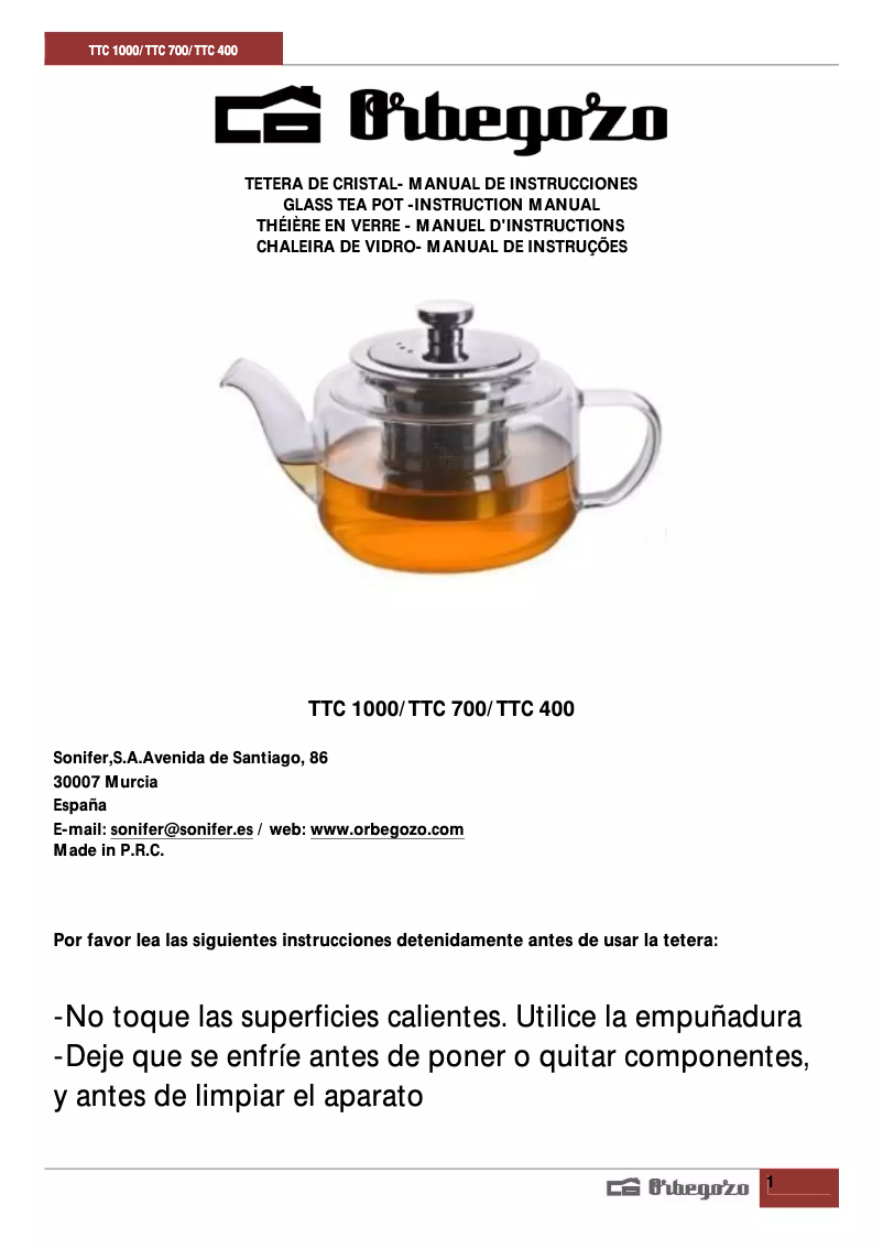 Page 1 de la notice Manuel utilisateur Orbegozo TTC 700