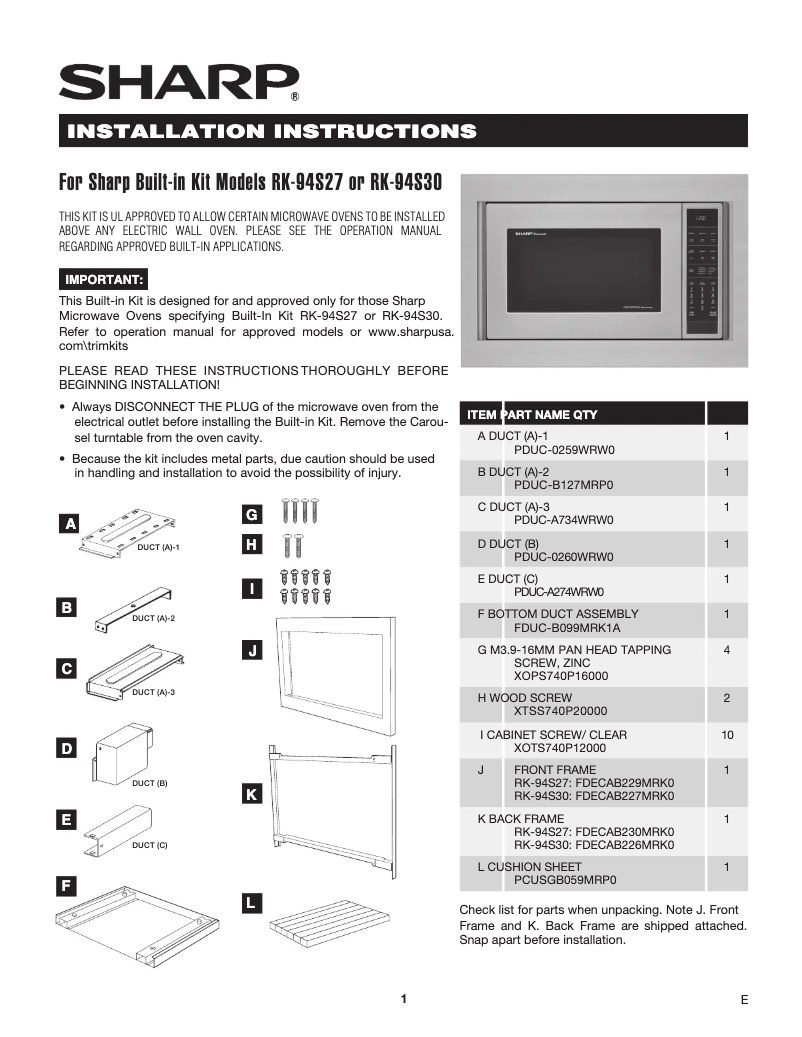 Page 1 de la notice Guide d'installation Sharp RK94S27