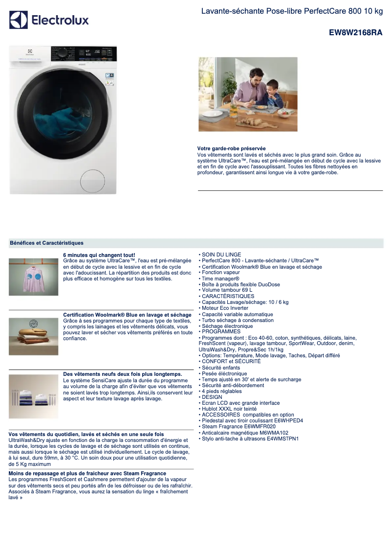 Page 1 de la notice Fiche technique Electrolux EW8W2168RA