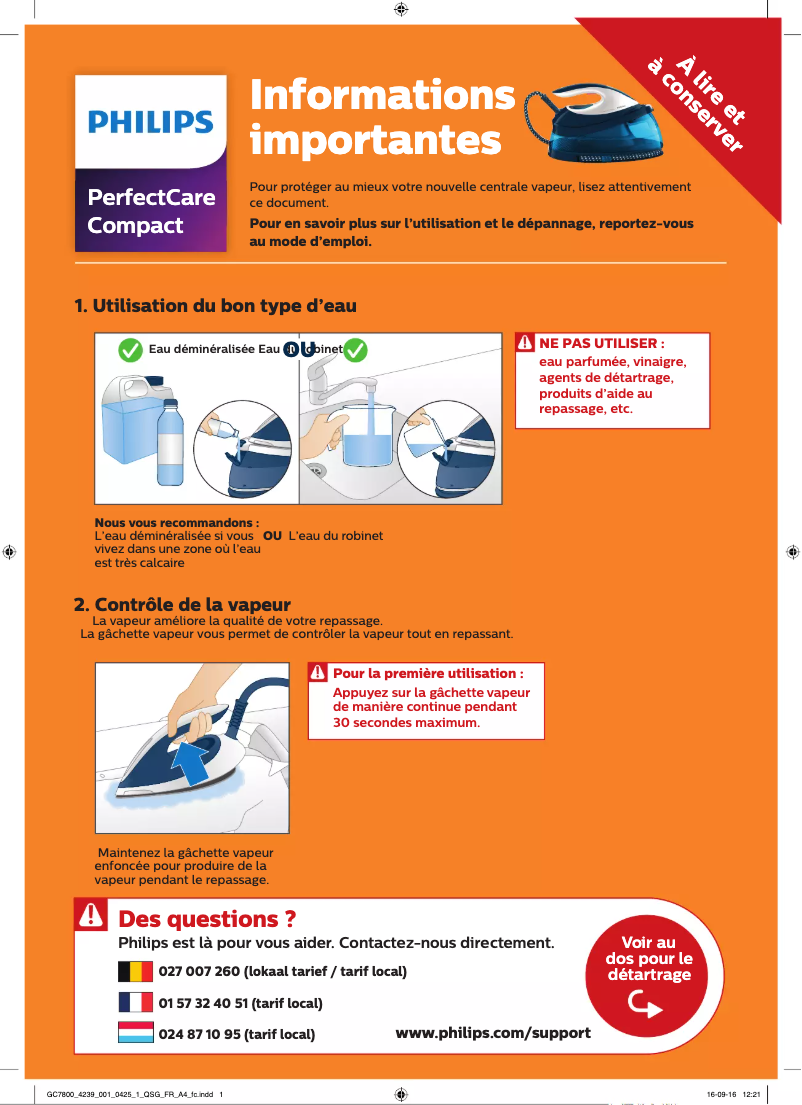 Page 1 de la notice Guide de démarrage rapide Philips PerfectCare Compact GC7808