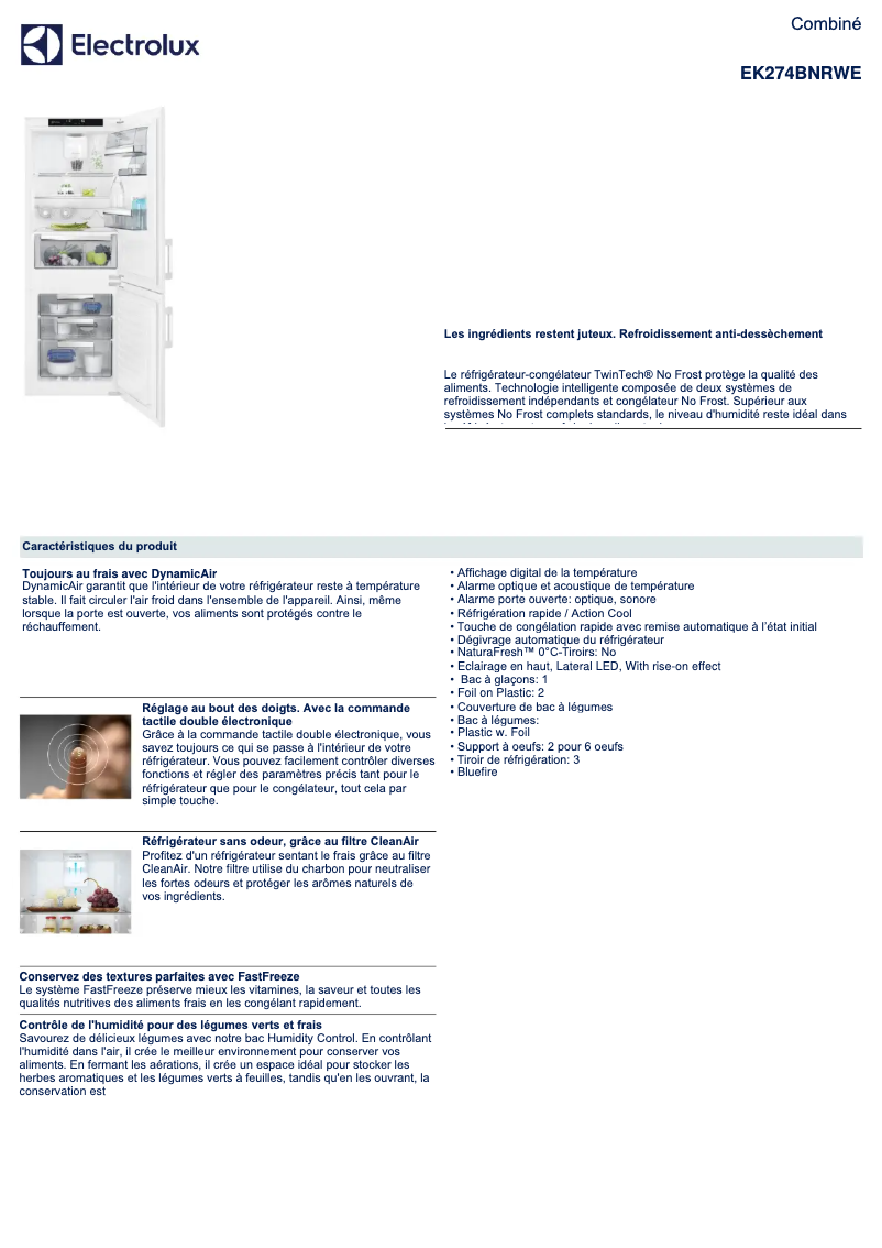 Page n°1 - Fiche technique Electrolux EK274BNRWE