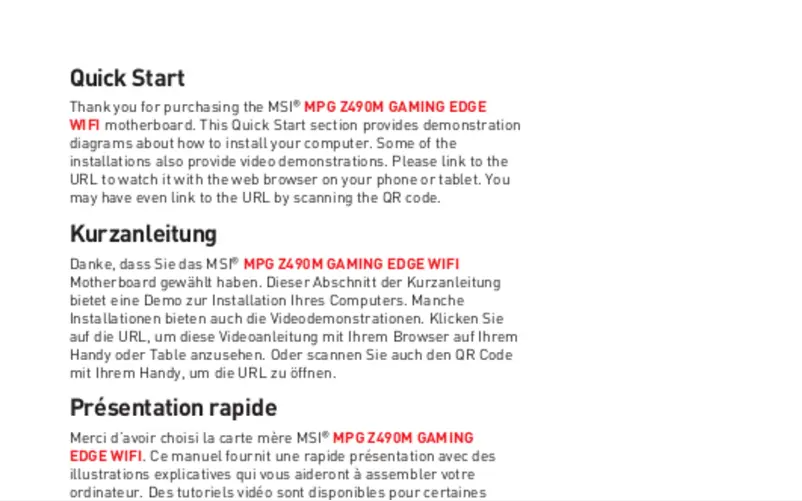 Image de la première page du manuel de l'appareil MPG Z490M GAMING EDGE WIFI