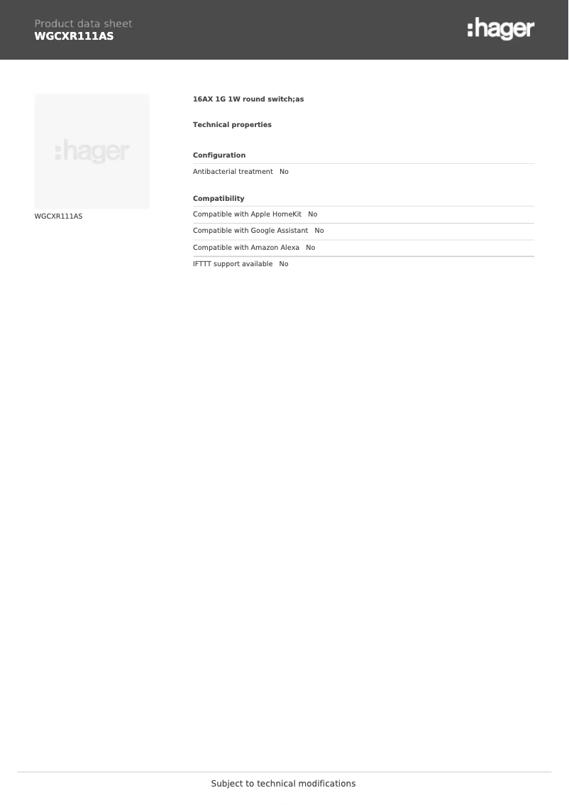 Page n°1 - Fiche technique Hager WGCXR111AS