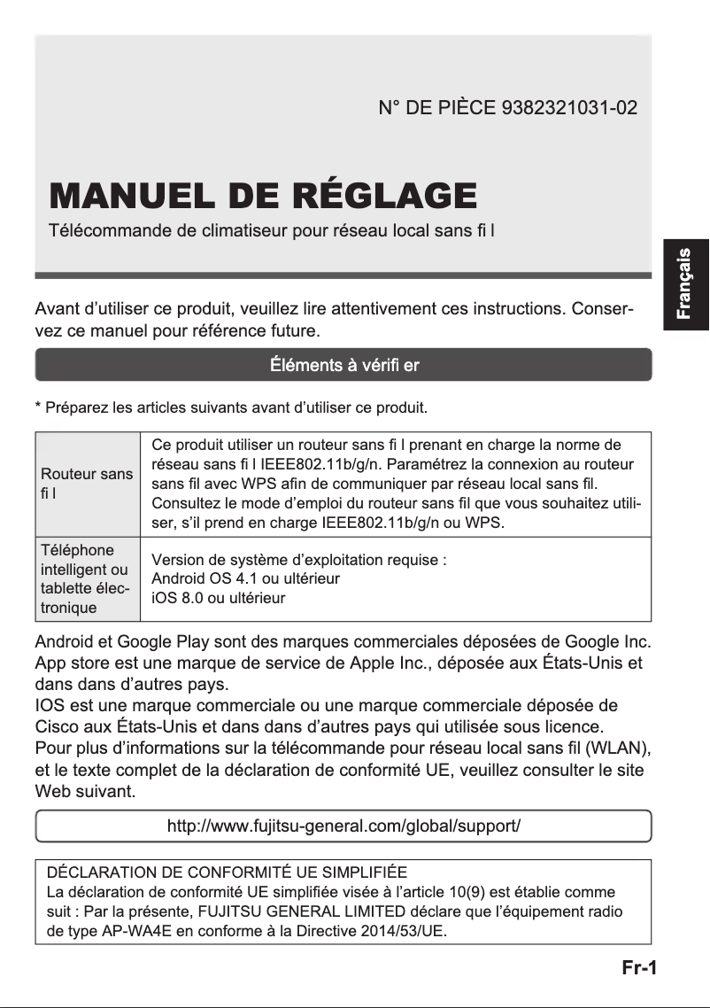 Page 1 de la notice Manuel utilisateur Fujitsu ASHG09KXCA