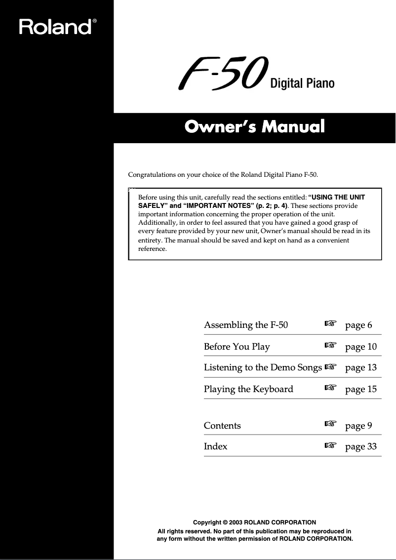 Page 1 de la notice Manuel utilisateur Roland F-50