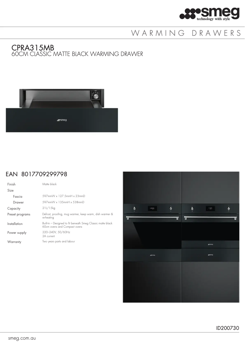 Page n°1 - Fiche technique Smeg CPRA315MB
