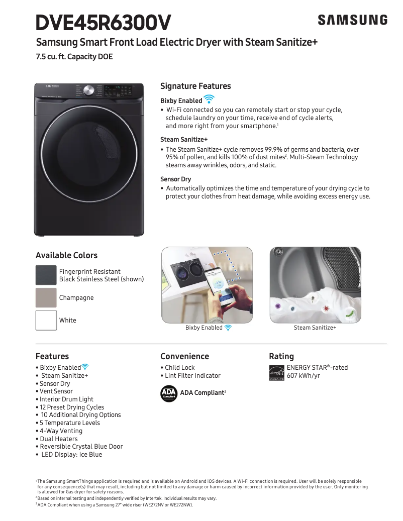 Page 1 de la notice Fiche technique Samsung DVE45R6300W