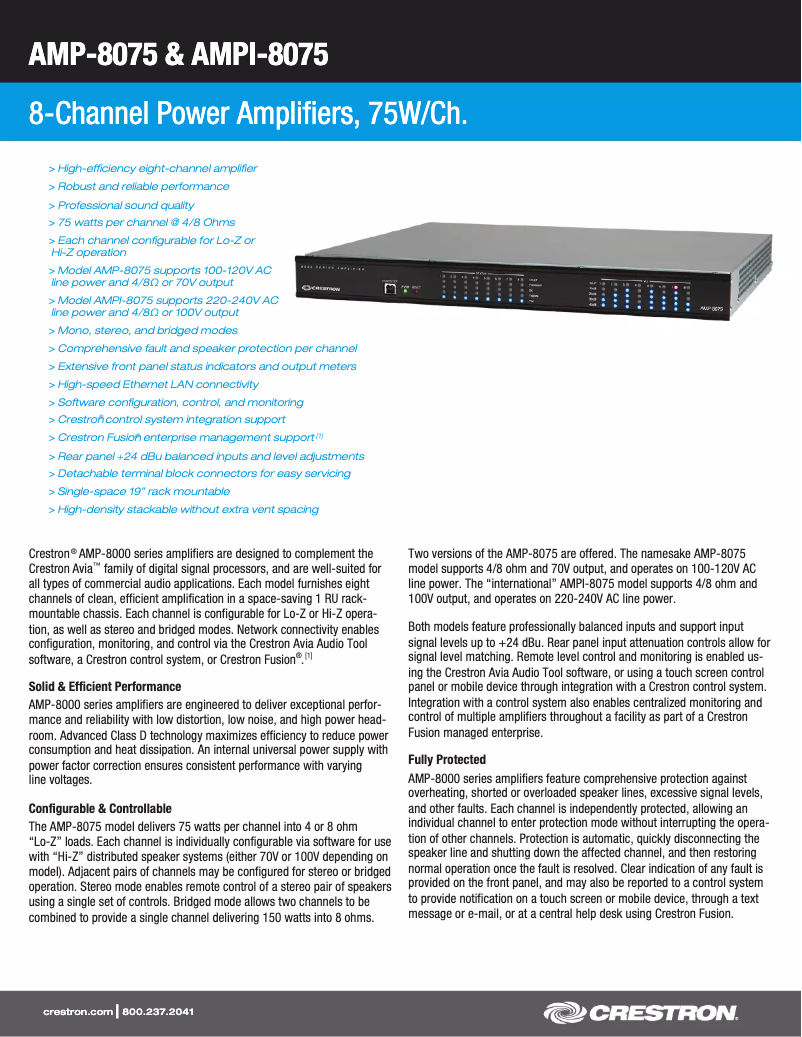 Page 1 de la notice Fiche technique Crestron AMP-8075