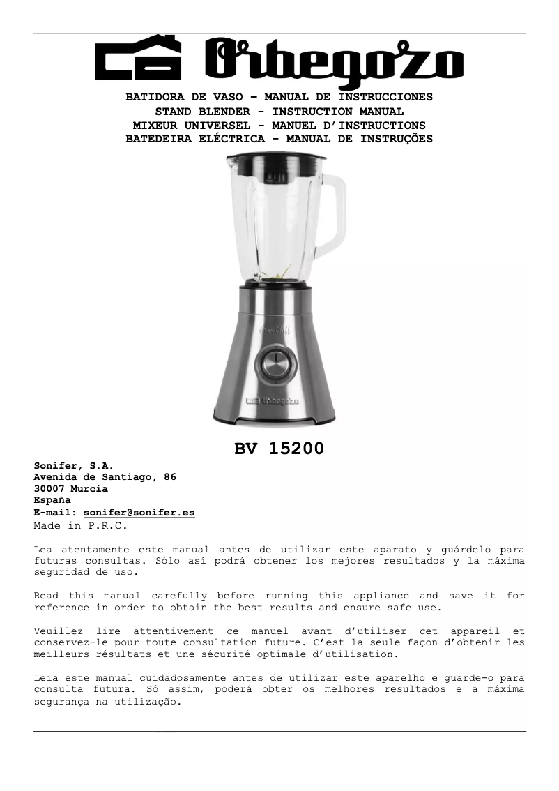 Page n°1 - Manuel utilisateur Orbegozo BV 15200