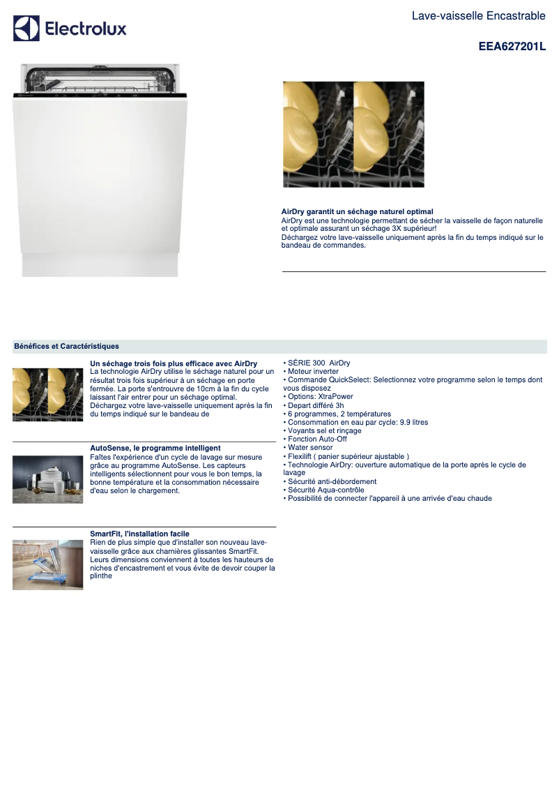 Page 1 de la notice Fiche technique Electrolux EEA627201L