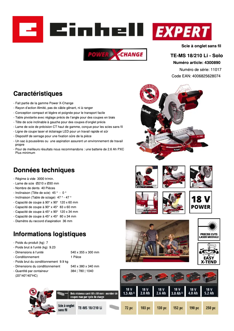 Page n°1 - Fiche technique Einhell TE-MS 18/210 Li-Solo