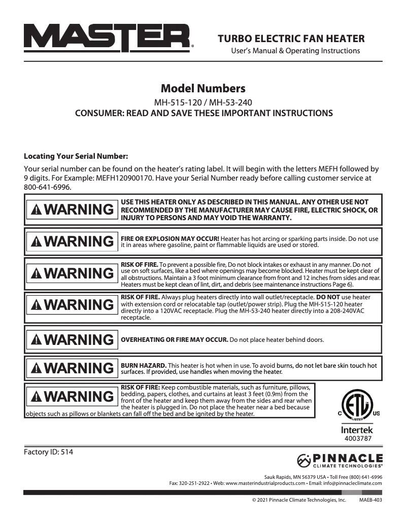 Page n°1 - Manuel utilisateur Master MH-53-240