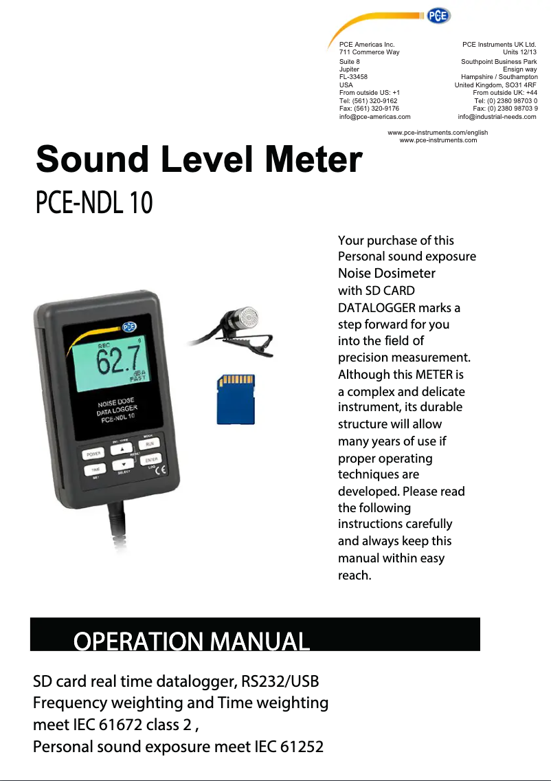 Page 1 de la notice Manuel utilisateur PCE Instruments PCE-NDL 10