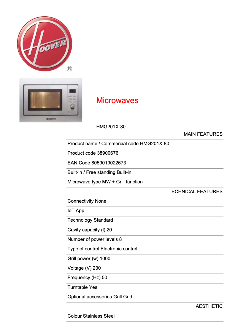 Page 1 de la notice Fiche technique Hoover HMG201X-80