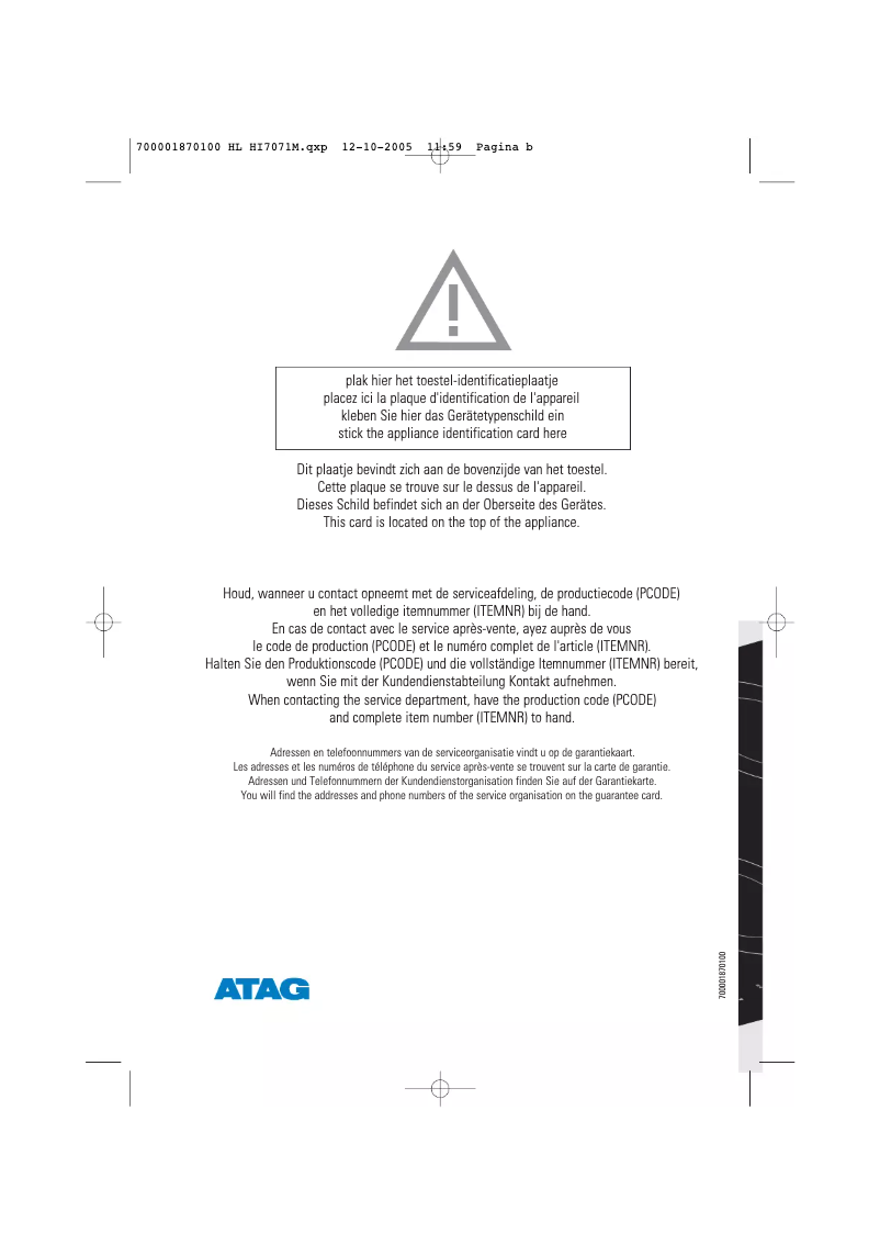 Page n°1 - Manuel utilisateur Atag HI7071M