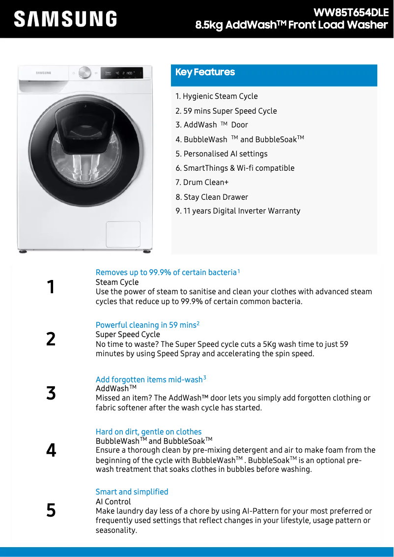 Page 1 de la notice Fiche technique Samsung WW85T654DLE