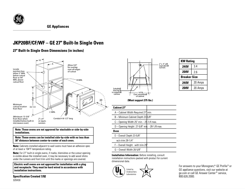Page 1 de la notice Fiche technique GE JKP20CFCC