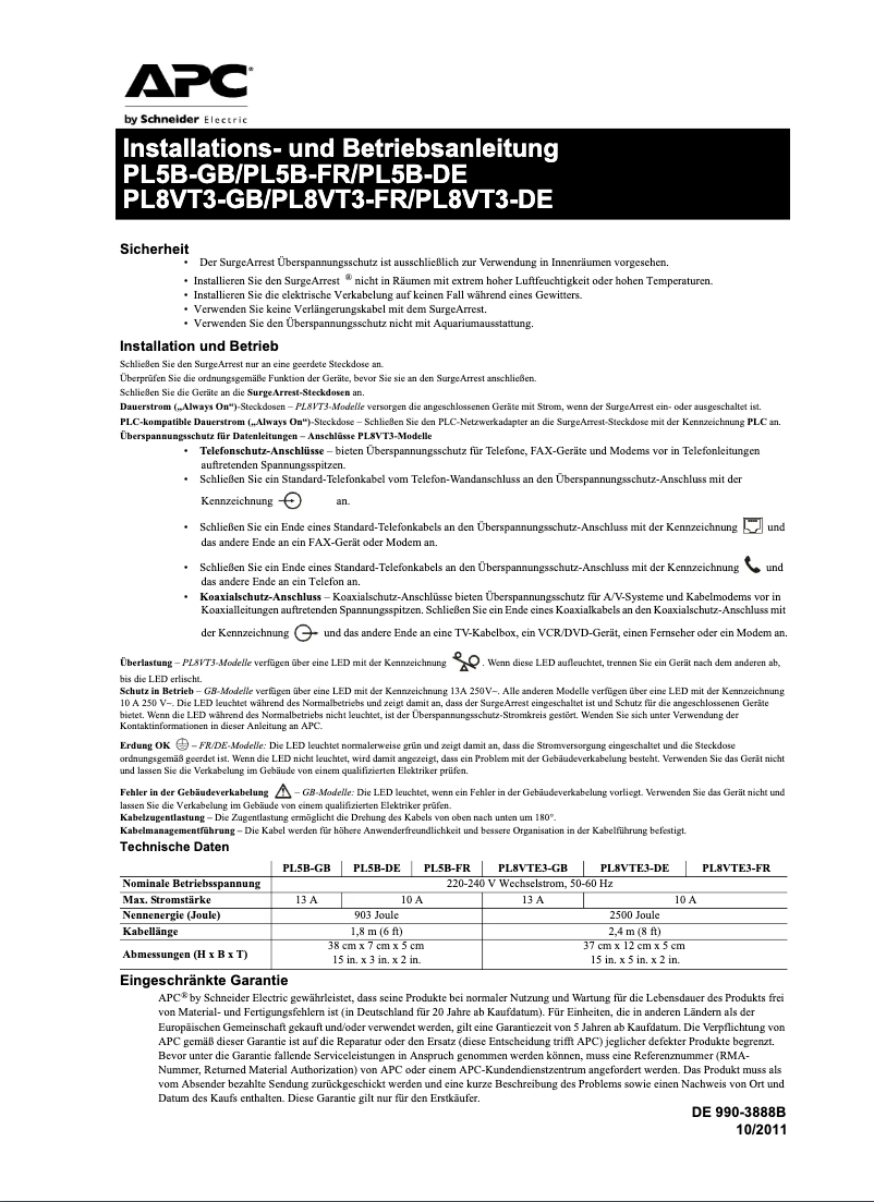 Page 1 de la notice Manuel utilisateur APC PL5B-DE