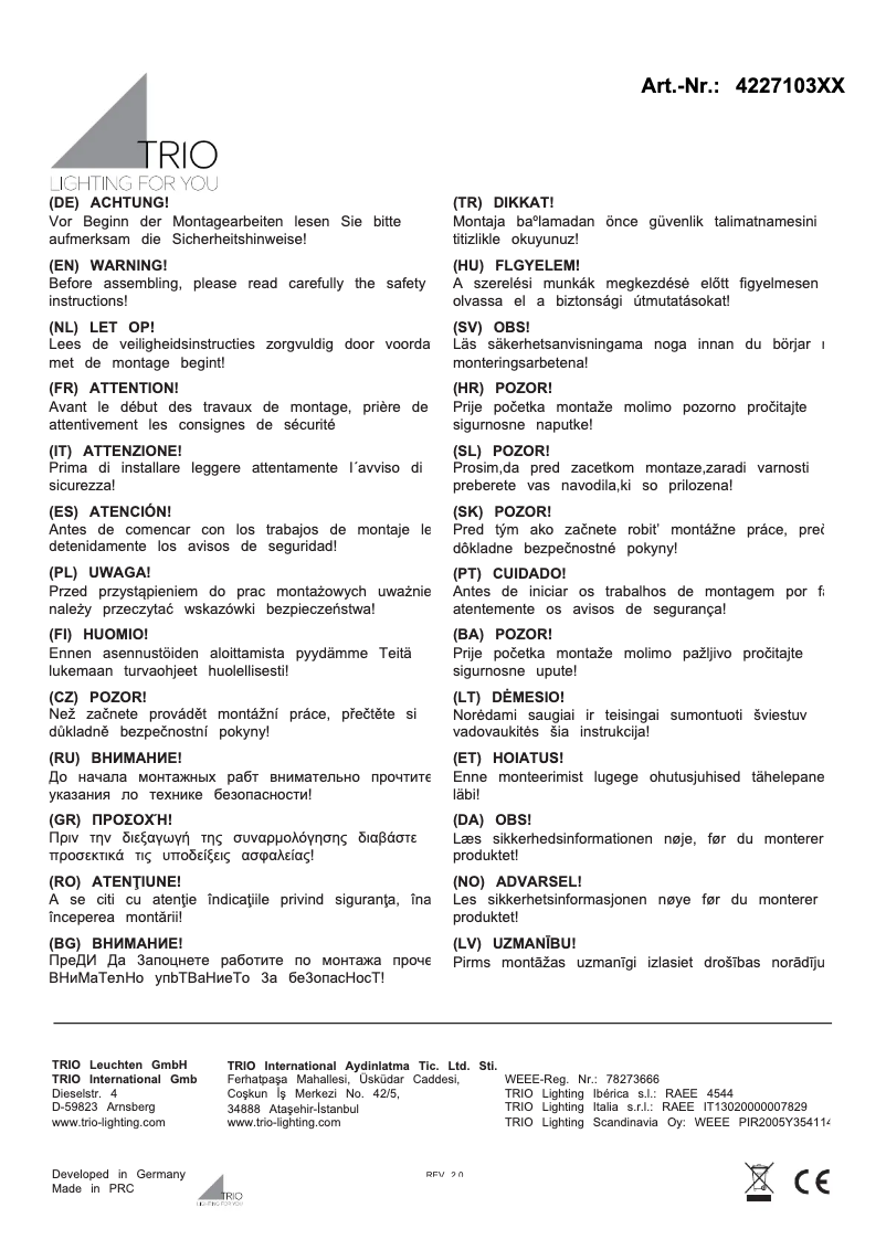 Page 1 de la notice Manuel utilisateur Trio Lighting Quebec 422710308