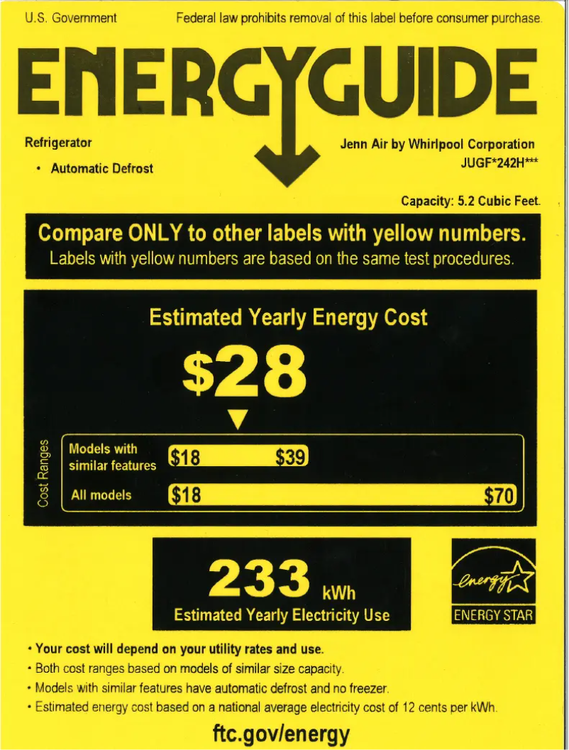 Page n°1 - Label énergétique JennAir JUGFL242HX
