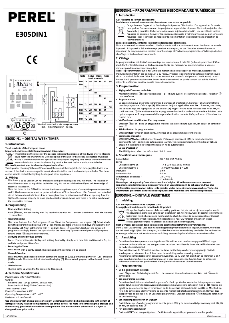 Page 1 de la notice Manuel utilisateur Perel E305DIN1