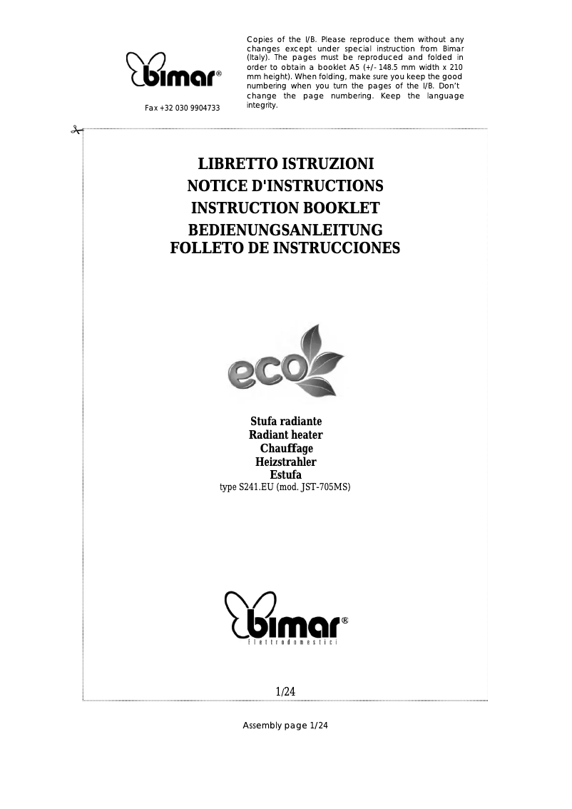 Page 1 de la notice Manuel utilisateur Bimar S241.EU