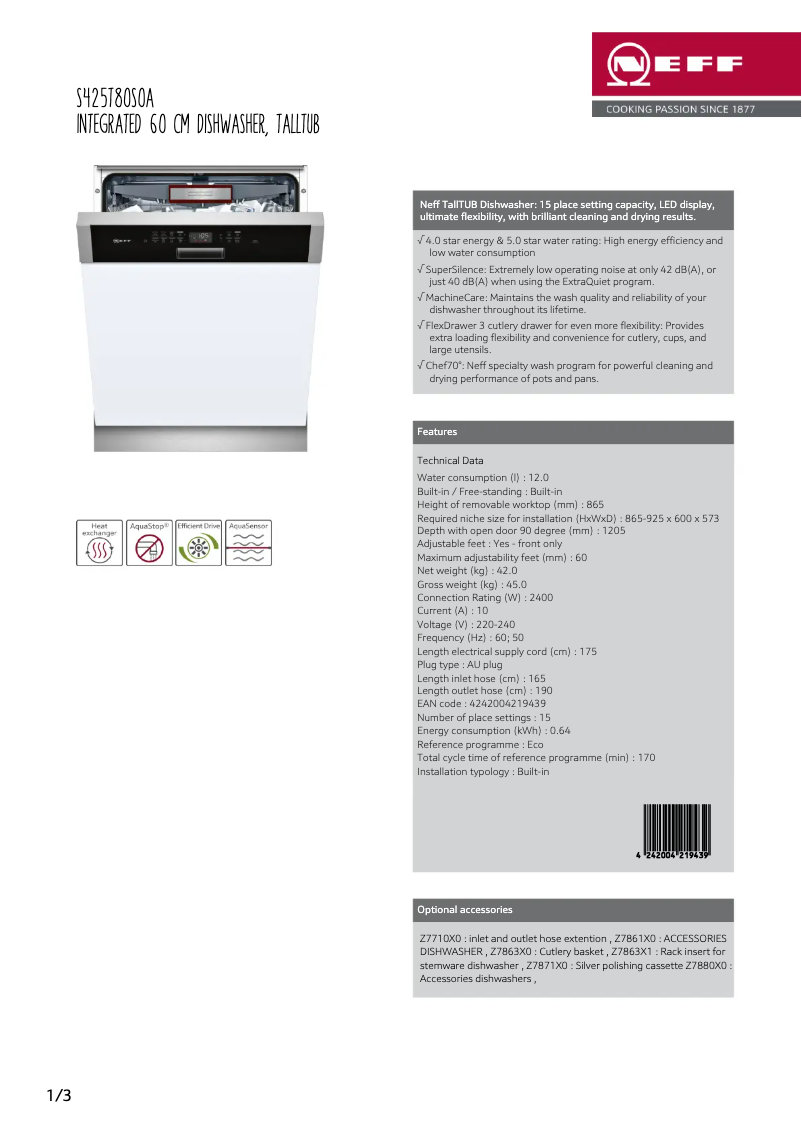 Page 1 de la notice Fiche technique Neff S425T80S0A