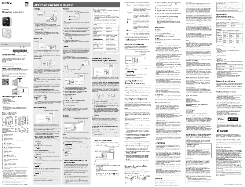 Image de la première page du manuel de l'appareil ICD-TX800