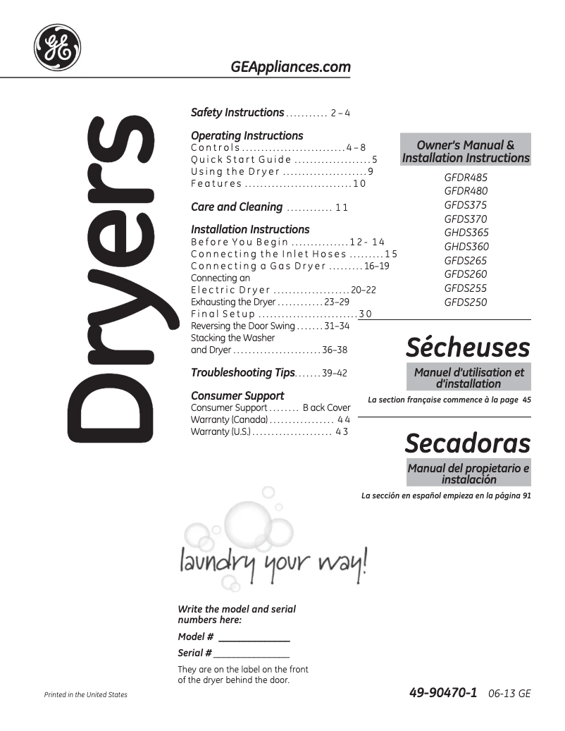 Page n°1 - Manuel d'utilisation et d'entretien GE GHDS360EFWW