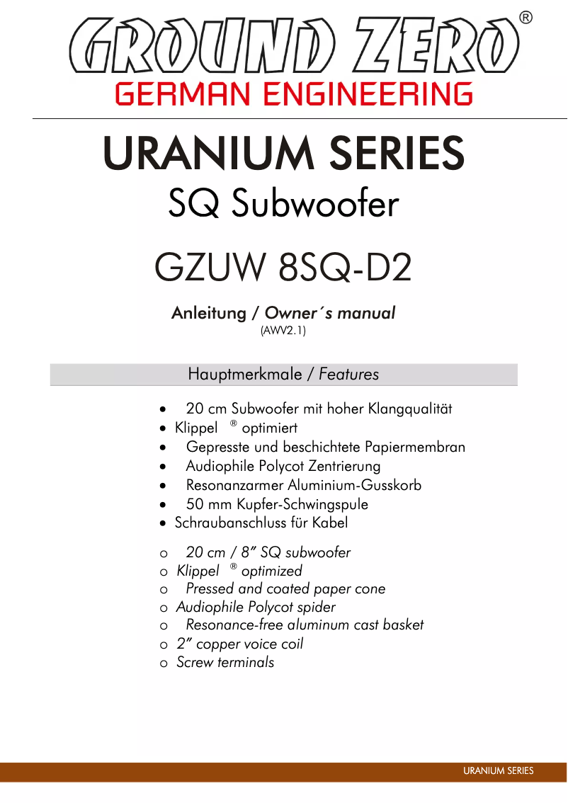 Page 1 de la notice Manuel utilisateur Ground Zero GZUW 8SQ-D2