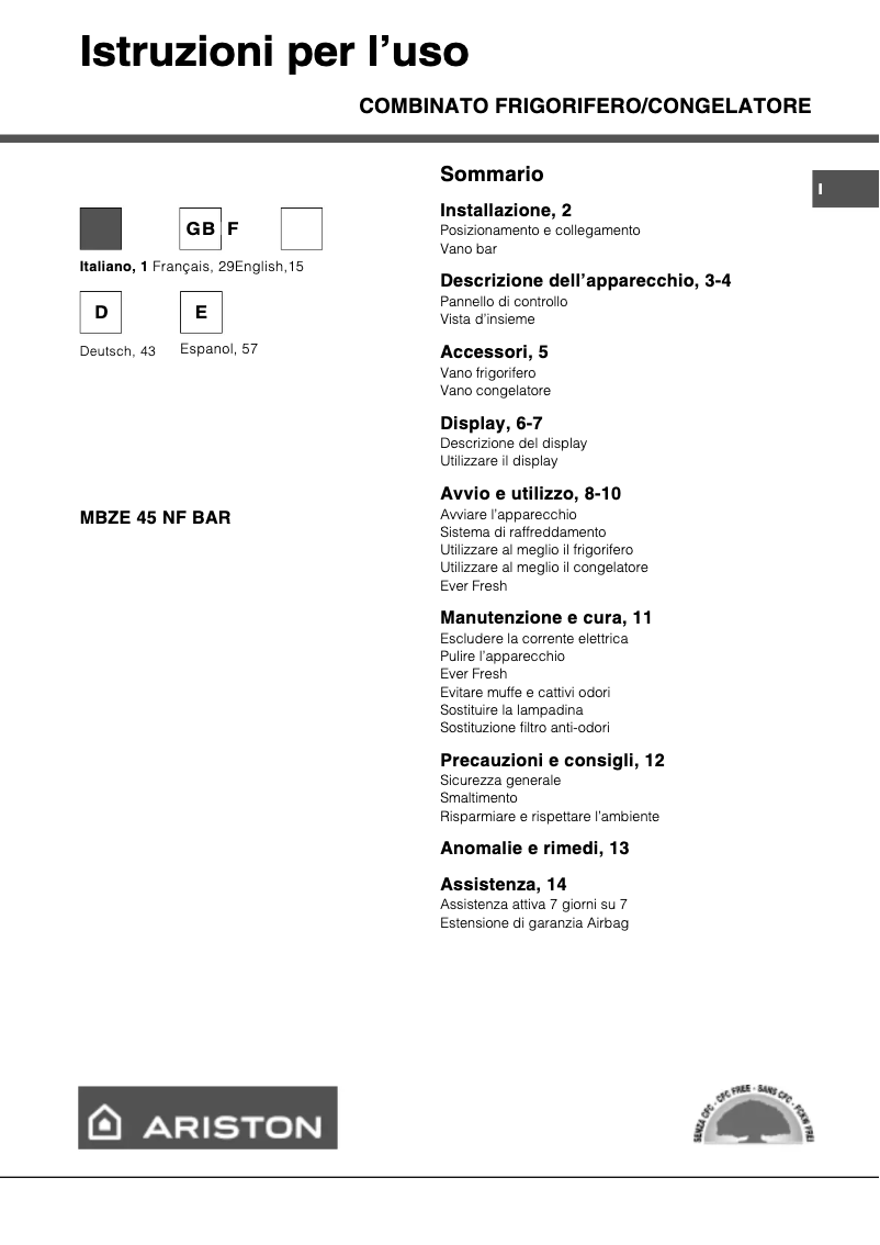 Page 1 de la notice Manuel utilisateur Ariston Thermo MBZE45NFBAR