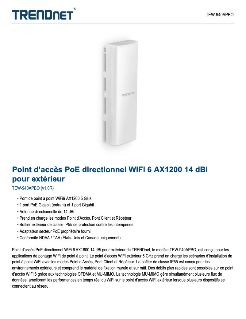 Page 1 de la notice Fiche technique TRENDnet TEW-940APBO