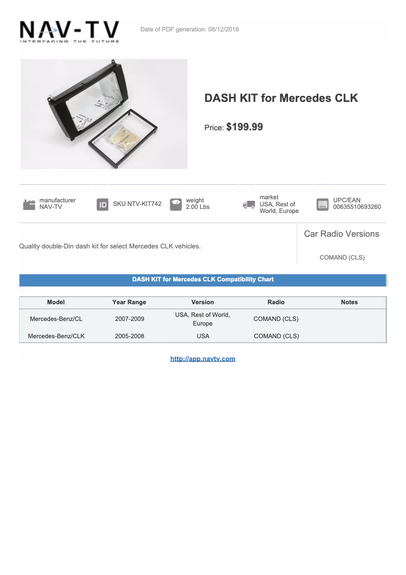 Page n°1 - Manuel utilisateur NAV-TV Dash Kit NTV-KIT742
