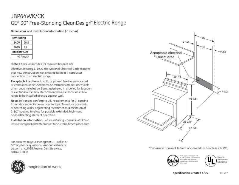 Page n°1 - Fiche technique GE JBP64CKCC