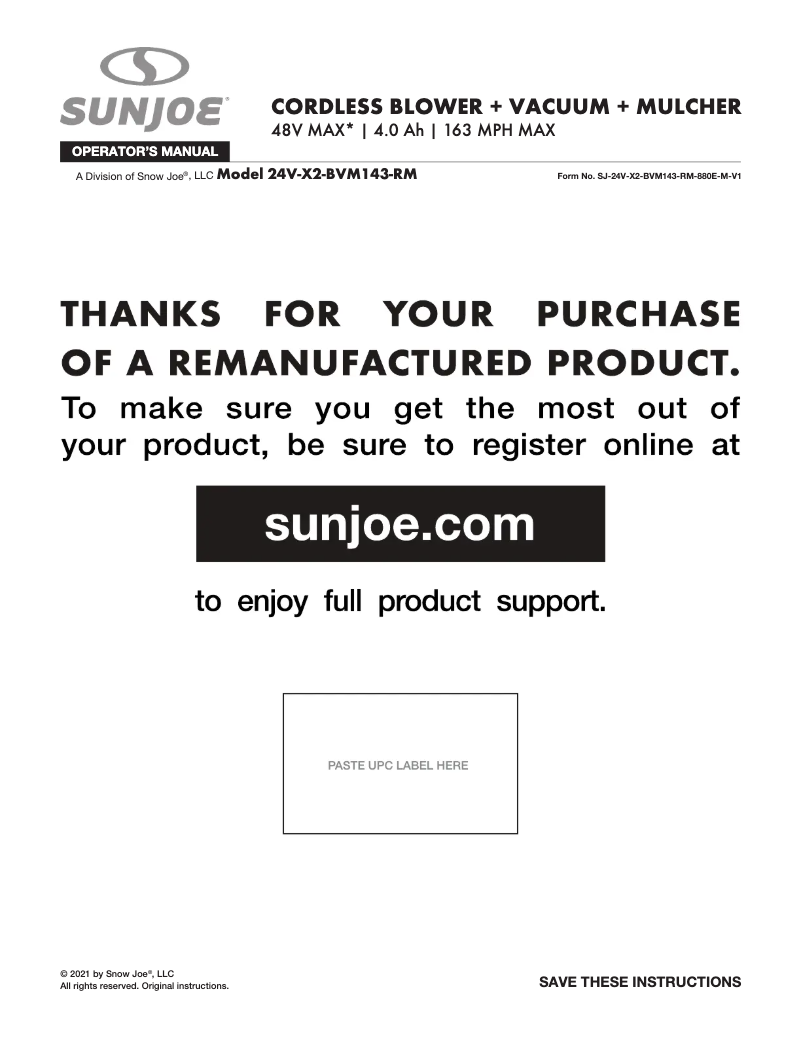 Page 1 de la notice Manuel utilisateur Sun Joe 24V-X2-BVM143-RM