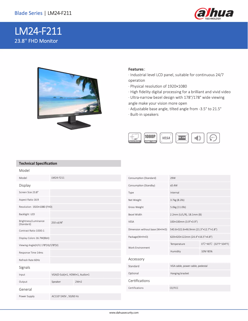 Page 1 de la notice Fiche technique Dahua Technology LM24-F211