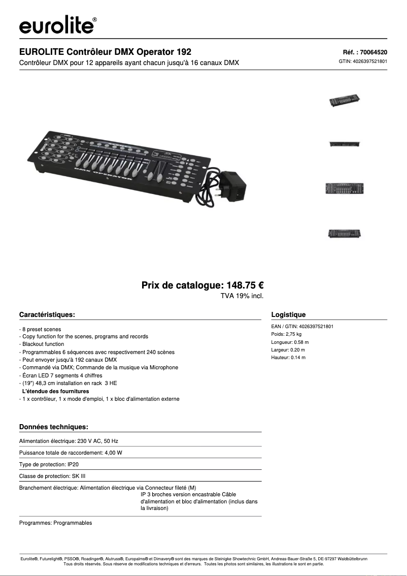 Page n°1 - Fiche technique Eurolite DMX Operator 192
