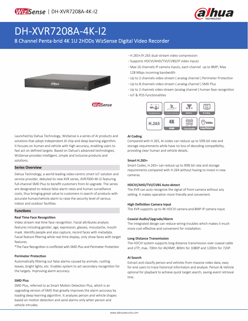 Page 1 de la notice Fiche technique Dahua Technology XVR7208A-4K-I2