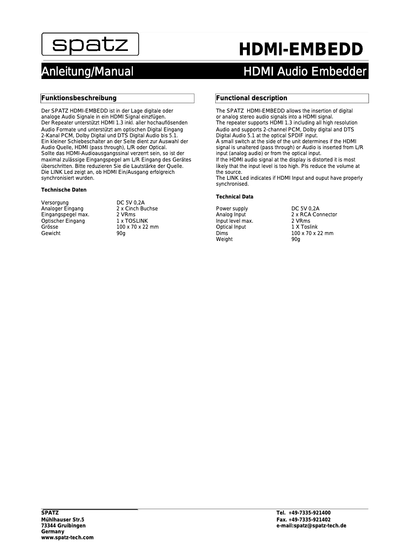 Page 1 de la notice Manuel utilisateur Spatz HDMI-EMBEDD