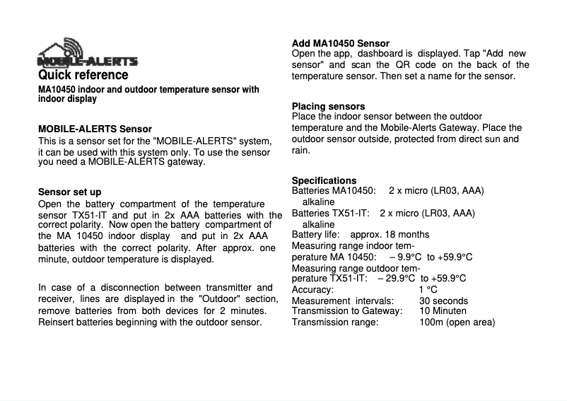 Page 1 de la notice Manuel utilisateur Techno Line MA10450