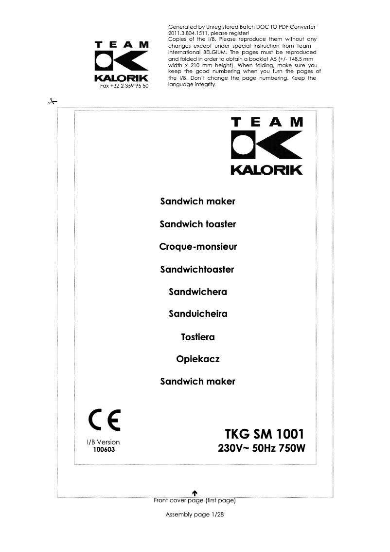 Image de la première page du manuel de l'appareil TKG SM 1001