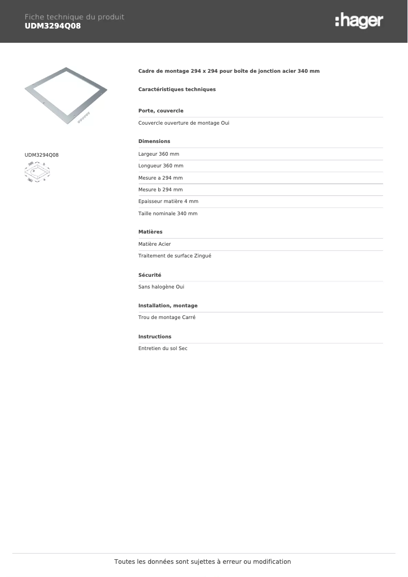 Page n°1 - Fiche technique Hager UDM3294Q08
