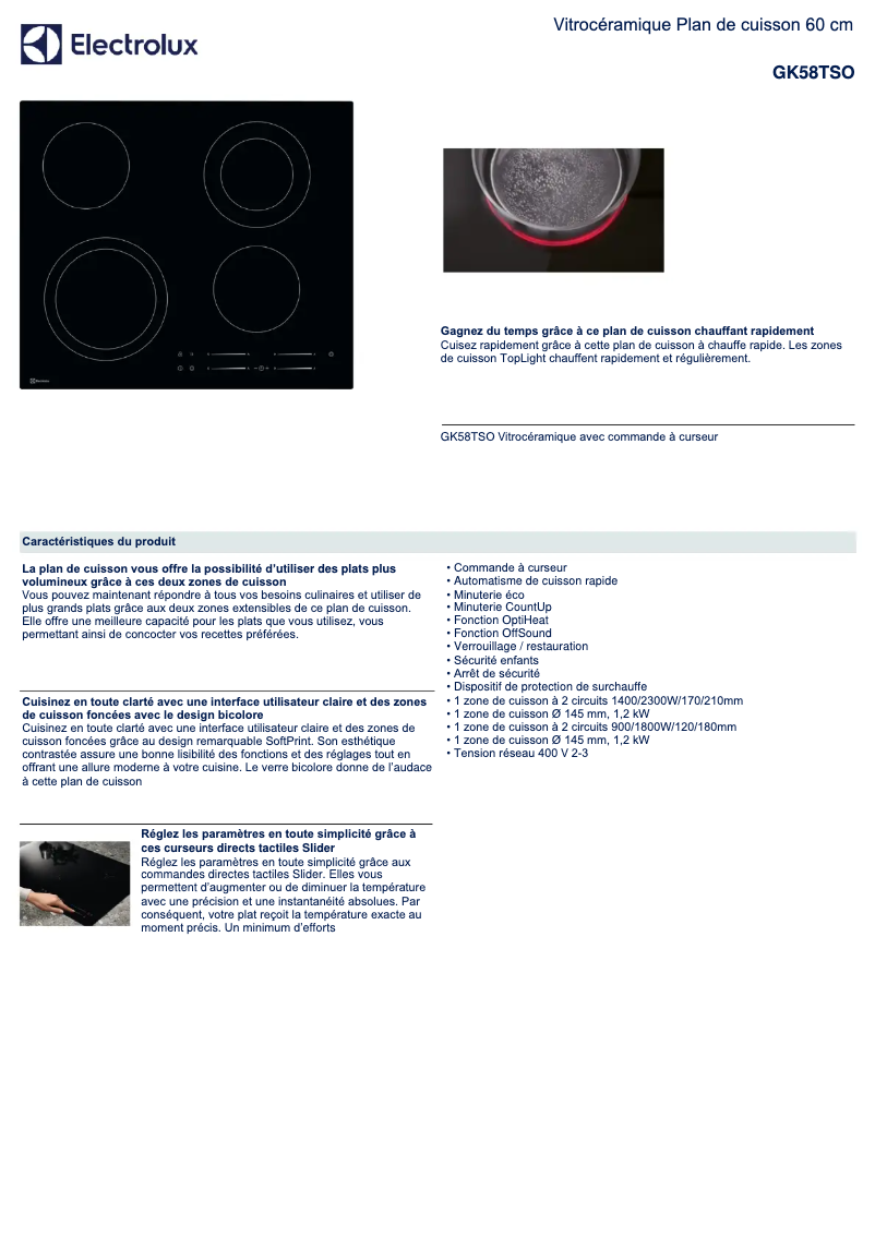 Page 1 de la notice Fiche technique Electrolux GK58TSO