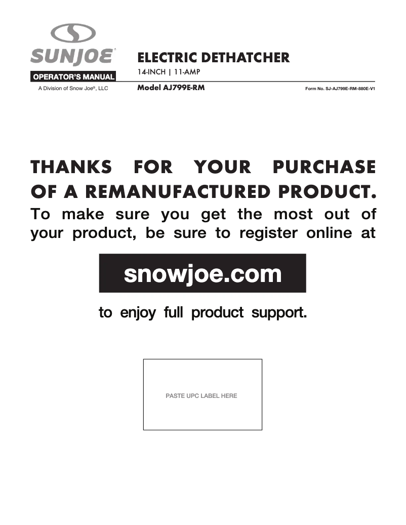 Page 1 de la notice Manuel utilisateur Sun Joe AJ799E-RM