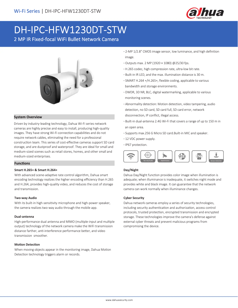 Page 1 de la notice Fiche technique Dahua Technology IPC-HFW1230DT-STW