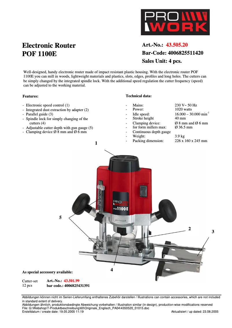 Page 1 de la notice Manuel utilisateur Prowork POF 1100 E