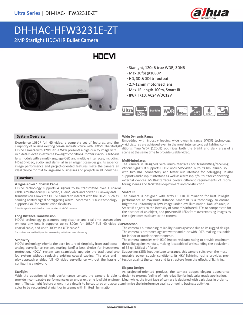 Page 1 de la notice Fiche technique Dahua Technology HAC-HFW3231E-ZT