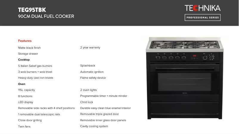 Page 1 de la notice Fiche technique Technika TEG95TBK