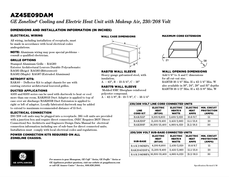 Page 1 de la notice Fiche technique GE AZ45E09DAM